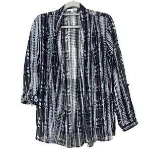 Notations Black White Geometric Open Front Cardigan XL Roll Tab Sheer Top